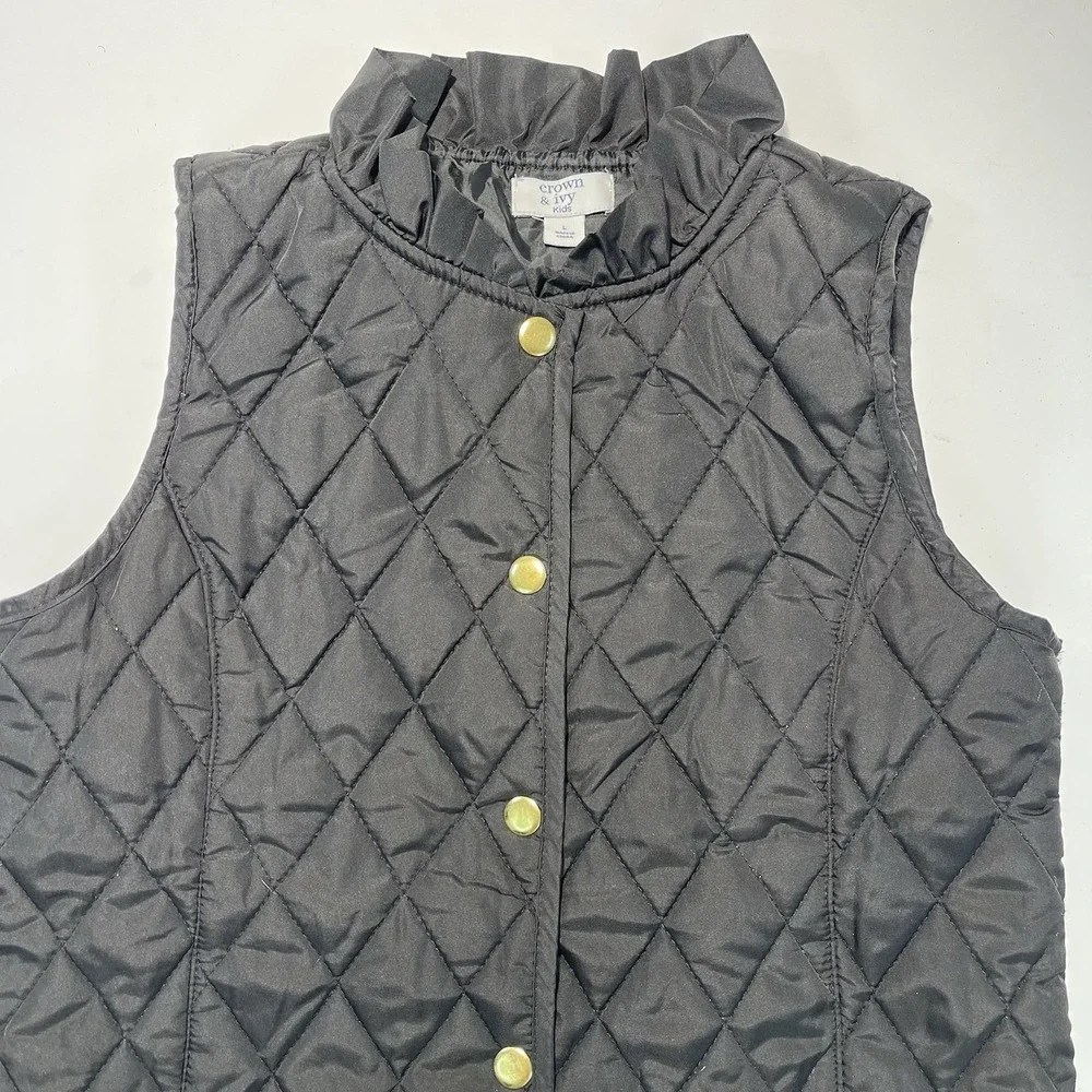 Crown And Ivy Girls Quilted Puffer Vest Black Large Ruffled Collar